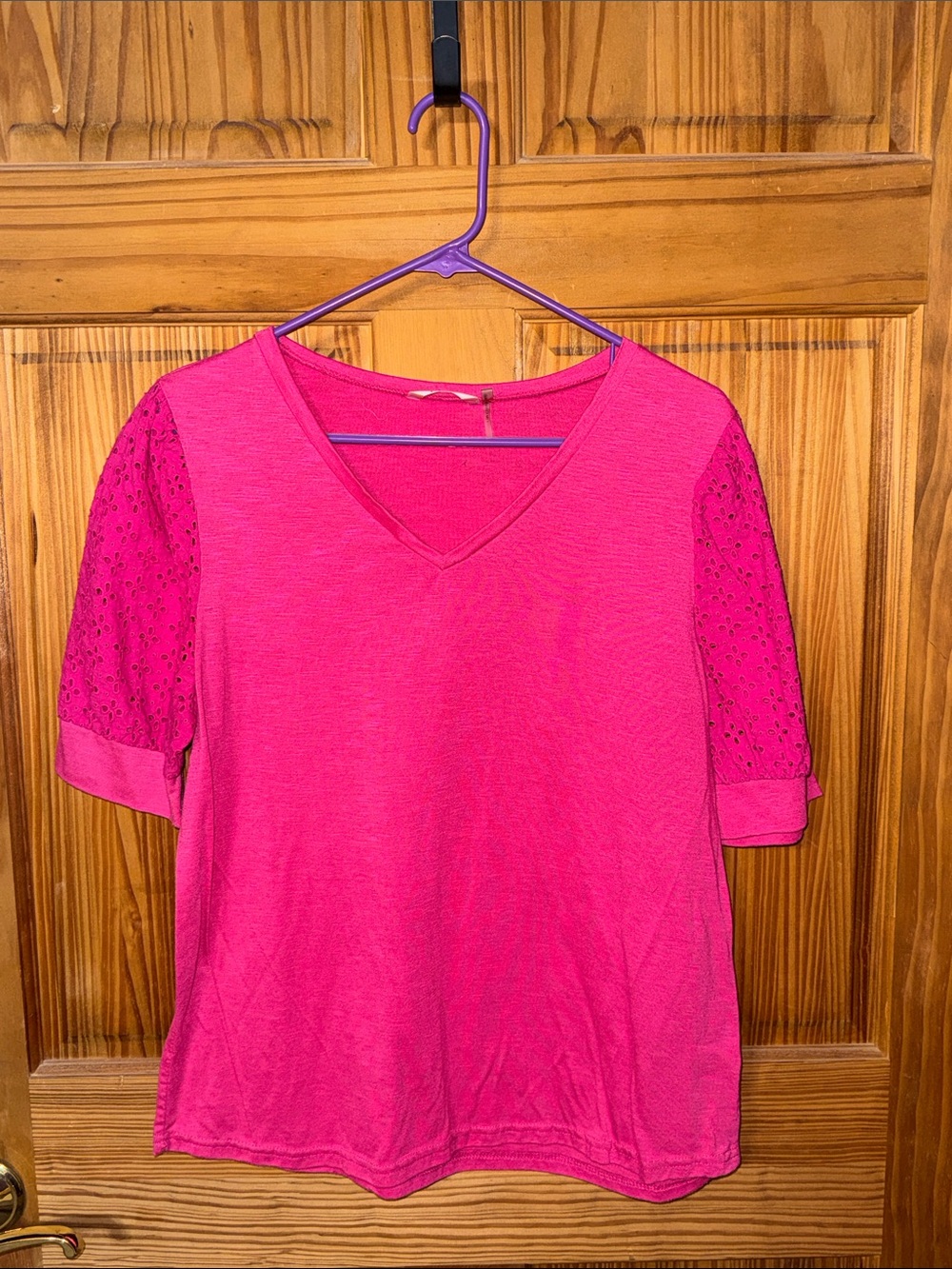 Kaktus Hot Pink V-Neck Top with Eyelet Sleeves